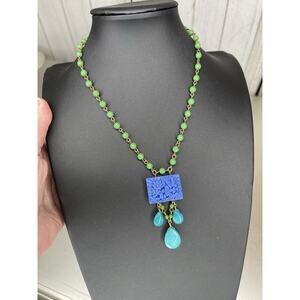 David Aubrey Vintage Green Beaded Pendant Statement Necklace Light Blue Floral